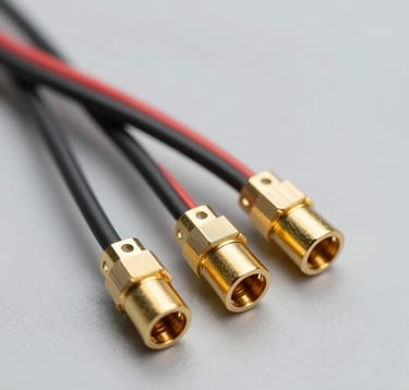 A macro photograph of high-end motorsport wiring looms and gold-plated connectors. The lighting is focused and clean, set against a light gray #F5F5F3 background to emphasize technical detail and precision assembly.