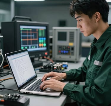 A close-up of a professional engineer in a dark green team uniform working on a laptop connected to a high-performance engine control unit. Sharp focus, professional lighting, dark aesthetic with clean white highlights.