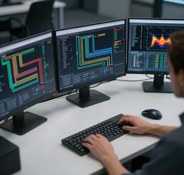An overhead view of a technical workstation with three monitors displaying complex CAN bus wiring diagrams and telemetry heat maps. The desk is clean and professional, lit by a soft white glow that contrasts with the dark surroundings.