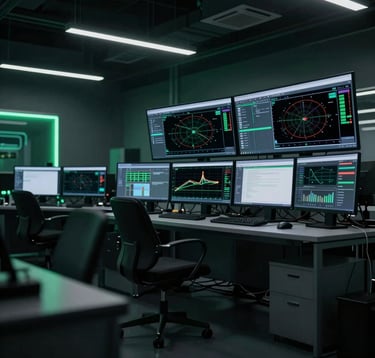 A wide, low-angle shot of a professional motorsport engineering office at night. Screens show complex CFD diagrams and race strategy software. The ambient lighting is dark green #134421 and black #0a0f0a, creating a premium, focused atmosphere.