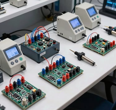 An organized, modern engineering workbench featuring premium integrated circuit kits, multicolored test leads, and digital micro-soldering stations. High-precision instruments are arranged neatly under clean white task lighting, showcasing an authoritative engineering aesthetic with dark slate and off-white tones. Aimed at a North American / Global tech and industrial audience.