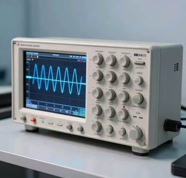 A professional close-up photograph of high-end electronic test equipment, including a modern digital oscilloscope displaying clear bright blue waveforms on its screen, resting on a clean light gray workspace with crisp technical borders. Soft, professional studio lighting in sky blue and off-white tones highlights the precision dials, suited for a North American / Global tech and industrial audience.