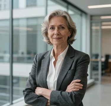 A professional portrait of a senior female educator in a modern glass office in a North American / Global city. The lighting is bright and clean, with a focus on her confident and approachable expression. Colors include charcoal and off-white.