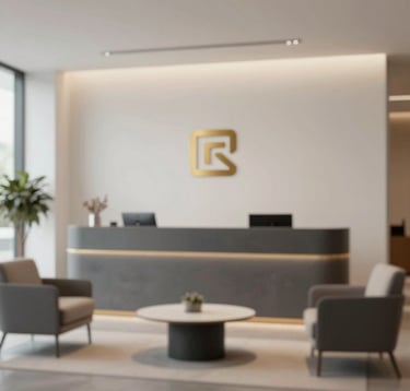 A sophisticated reception area of a modern construction firm office. Minimalist furniture in dark grey and beige tones, with a subtle gold brand logo on the wall. Professional and welcoming atmosphere.