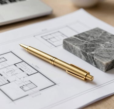 A close-up shot of an architect's desk with modern blueprints, a gold-plated pen (#C2A878), and a sample of high-quality grey marble (#A9A9A9). The lighting is bright and professional, signifying detail and quality.