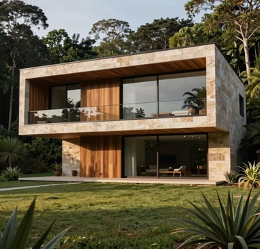 A daytime photograph of a modern minimalist mansion facade with large glass windows and natural Stone walls, nestled in a lush green South American / Brazilian landscape. Professional lighting highlights the textures of the Muted Brown wood and Light Stone accents.
