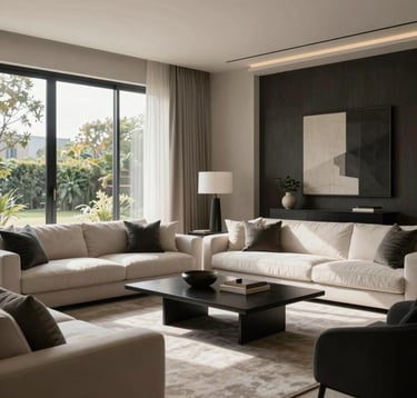 An interior view of an elegant living room in a high-end South American / Brazilian home. The room features minimalist luxury decor in pearl and charcoal, with soft natural light streaming through large windows. The mood is calm and professional.