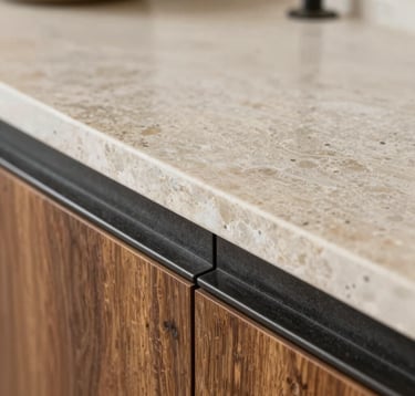 A detail shot of high-quality architectural materials in a South American / Brazilian luxury home. A combination of polished stone, warm wood, and dark charcoal metal accents. Sharp focus, professional lighting, highlighting textures and craftsmanship.