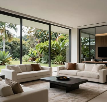 A high-end contemporary living room in a South American / Brazilian residence. Large floor-to-ceiling glass windows show lush greenery outside. Modern minimalist furniture in off-white and muted brown tones. Clean lines, soft natural lighting, reflecting a premium lifestyle.