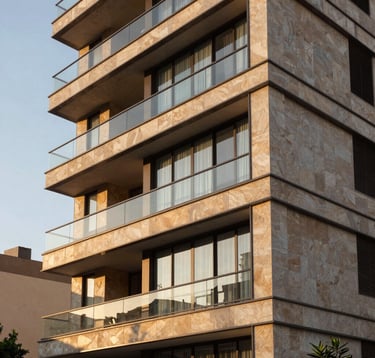 An architectural close-up shot of a modern residential building facade in a prestigious South American / Brazilian neighborhood. The design uses clean lines, large glass panels, and stone cladding in warm stone and bronze colors, captured during the golden hour.