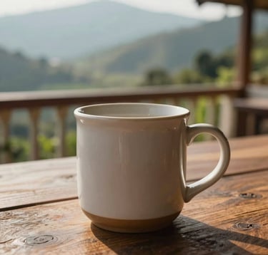 A close-up lifestyle shot of a ceramic mug on a rustic wooden table, with the out-of-focus background showing a lush, green terrace and a South Asian / Indian mountain valley. Warm, morning sunlight.