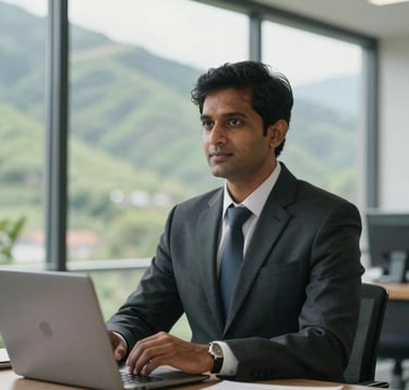 A medium shot of a professional South Asian / Indian real estate consultant in a bright, modern office. Through the large window, a clear view of green mountain slopes is visible. The lighting is soft and natural, emphasizing a trustworthy and professional mood.