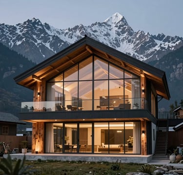 A low-angle architectural photograph of a modern mountain home featuring glass walls and local pine accents. The structure is set against a backdrop of towering Himalayan peaks at twilight. South Asian / Indian inspired luxury design.