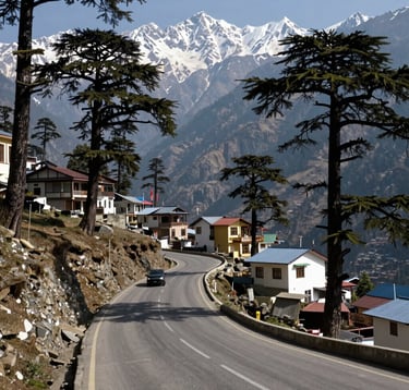 A wide photography shot of a winding mountain road in Uttarakhand, lined with ancient deodar trees and modern villas. In the distance, snow-capped peaks are visible. South Asian / Indian hill station atmosphere, midday lighting.