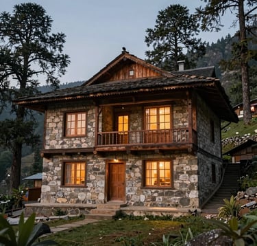 A medium shot of a traditional but modern South Asian / Indian hill station cottage built with local stone and wood. The structure is nestled among deodar trees, with warm inviting light spilling from the windows as evening falls. The style is premium and serene.