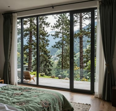 A high-end interior of a mountain villa in Uttarakhand with large floor-to-ceiling glass windows framing a breathtaking view of the pine forests. The decor is modern and professional, with South Asian / Indian textile accents in sage green and deep charcoal colors.