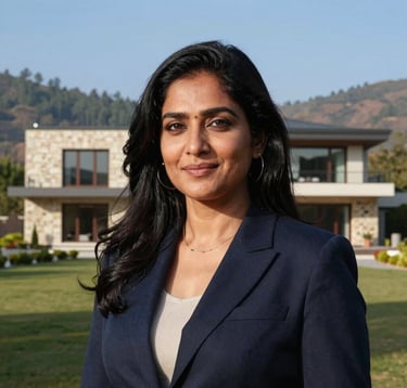 A professional South Asian Indian woman with a warm, confident expression, standing outdoors with a backdrop of a beautifully constructed modern stone villa and distant pine-covered hills under a clear blue sky.