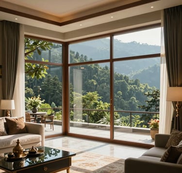 A luxury interior of a modern mountain villa in Uttarakhand, featuring large floor-to-ceiling windows that look out onto a lush forest, elegant South Asian decor accents, and warm, natural sunlight filtering in.