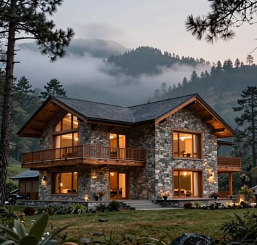 An elegant, stone-clad modern luxury villa in Uttarakhand with wide wooden balconies, set against a backdrop of mist-covered pine trees and rolling South Asian hills, photographed in the soft light of dusk.