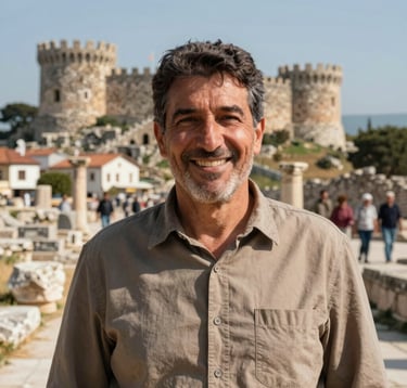 Professional outdoor portrait of a friendly local guide smiling warmly, with the sunny ruins of Gazipasa Selinus Castle in the soft-focus background, bright daylight, Turkish Riviera / European expat and tourist community style, warm tones.