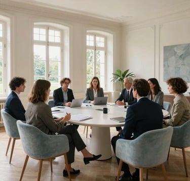 A group of professionals in smart-casual attire engaged in a creative brainstorming session inside a modern, airy room of a French chateau, soft natural lighting, elegant off-white and soft blue tones, European / French style.