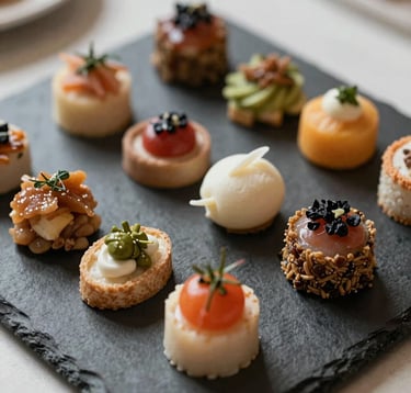Close-up of premium French catering, with delicate hors d'oeuvres elegantly arranged on a dark stone platter. Soft, natural lighting highlights the textures of the food. Professional and refined European presentation.