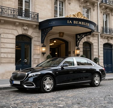 A luxury black sedan parked on a cobblestone street in front of a grand Parisian hotel entrance, sharp focus, professional corporate travel photography, sophisticated dark navy and off-white color scheme, European / French style.
