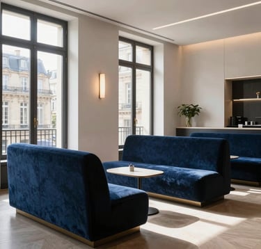An interior shot of a sophisticated corporate lounge with dark blue velvet seating and minimalist lighting. The setting is clean, modern, and exudes Parisian elegance. Daylight streams in from high-quality European windows.