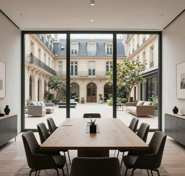 A professional interior shot of a minimalist, modern conference room with floor-to-ceiling windows overlooking a chic European courtyard. The furniture is high-end and the atmosphere is one of focused, Parisian professionalism.