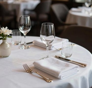 A sophisticated culinary table setting with crystal glassware, silver cutlery, and white linen napkins in a high-end French restaurant. The soft morning light highlights the premium quality of the gastronomic experience.