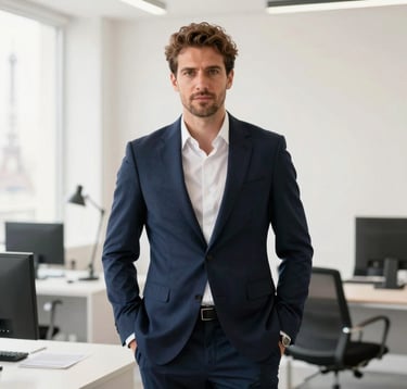 Portrait of a confident, elegantly dressed event director in a modern, light-filled office in Paris. The aesthetic is clean, professional, and sophisticated, using a palette of dark blue and off-white. European / French.