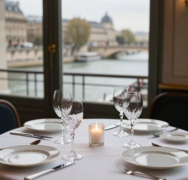 A high-end restaurant table setting in Paris, featuring crystal glasses and fine china, with a blurred view of the Seine river through a large window, elegant lighting, professional photography, European / French style.