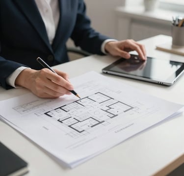 A focused medium shot of an event planner's desk in a bright office. Detailed architectural plans and a sleek tablet are visible. Soft morning light, professional European setting, emphasizing efficiency and bespoke organization.