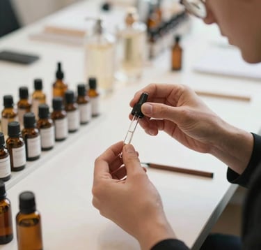 Close-up of hands working with glass vials and essential oils during a luxury perfume workshop in a bright Parisian atelier, minimalist and sophisticated aesthetic, European / French context.