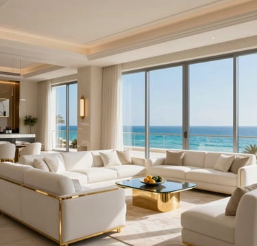 An interior view of a luxury penthouse in Netanya with floor-to-ceiling windows overlooking the turquoise sea. The interior features white sofas, gold metal details, and cream walls. Middle Eastern / Israeli coastal design with high-end finishes.