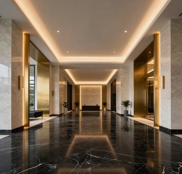 A high-end minimalist lobby of a premium residential building in Netanya, featuring black marble floors, gold architectural accents, and soft warm lighting. Middle Eastern / Israeli contemporary luxury style, clean lines, and prestigious atmosphere.