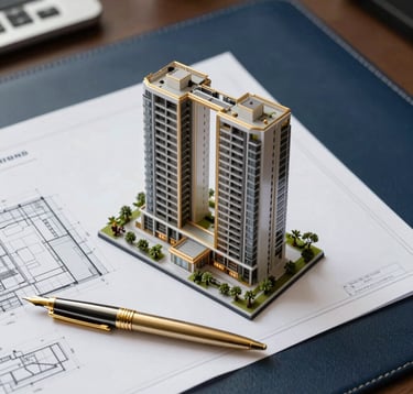 Close-up of a high-end property model and architectural blueprints on a dark navy leather desk. A gold fountain pen rests on the papers. Refined lighting suggesting a Middle Eastern / Israeli executive office.