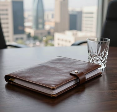 A close-up professional photograph of an advisory setting: a leather-bound folder on a dark wood table next to a crystal glass, with a blurred view of a modern Middle Eastern / Israeli cityscape in the background. Minimalist and elite.