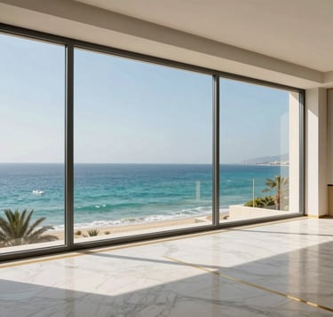 Interior view of a minimalist luxury penthouse in Netanya. Floor-to-ceiling windows reveal a panoramic view of the turquoise Mediterranean sea. The interior features white marble floors and gold accents. Soft afternoon sunlight, Middle Eastern / Israeli coastal atmosphere.