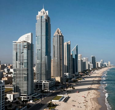A professional photograph of the Netanya coastline from a high altitude, showing modern skyscrapers and the white sand beaches of the Israeli Riviera under a clear blue sky. High-contrast, luxurious atmosphere.