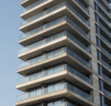 Modern architectural detail of a high-end residential tower in Netanya. Sharp geometric lines, glass balconies reflecting the blue Israeli sky, and premium limestone finishes. Sophisticated and minimalist composition.