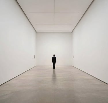A wide-angle, cinematic photograph of a clean, editorial-style gallery space in North America. The composition emphasizes expansive white space and verticality. In the distance, a solitary figure dressed in sophisticated dark attire stands before a large-scale minimalist sculpture. The lighting is soft and even, highlighting the elegant, quiet gravitas of the museum environment.