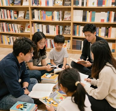 Participants engaged in a creative writing workshop, pens and notebooks in hand, surrounded by inspiring books.