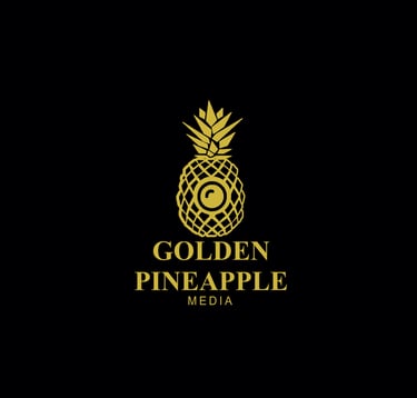 A logo of a pineapple with a camera lens centered in the middle , all golden yellow color