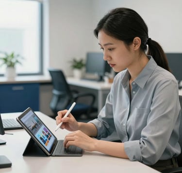 A medium shot of a focused professional in a North American / US corporate office setting, using a stylus on a tablet to review a multimedia learning module. The environment features steel blue furniture and soft white walls, with natural light pouring in from a large window, emphasizing a clean and innovative educational environment.