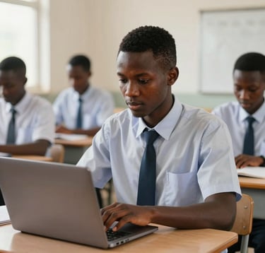 A high-quality photograph of a West African student in a modern classroom, focused on a laptop. The setting is bright and professional, emphasizing digital literacy and future-ready skills. The student is wearing a crisp, well-tailored school uniform.