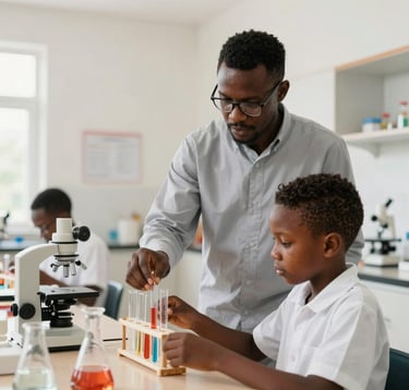 Clean, bright photography of a West African / Nigerian teacher assisting a student with a science experiment in a modern laboratory. The scene is structured and calm, emphasizing academic performance and excellence. Colors include off-white walls and light sand accents.