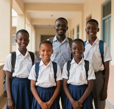 A portrait of four Nigerian students of various ages standing together in the school hallway, smiling confidently at the camera. They represent the journey from Kindergarten to Secondary level. The setting is structured, clean, and modern with soft beige walls.