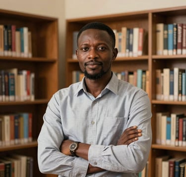 A professional portrait of an educator in a modern West African school library. The background features organized bookshelves and wooden textures. The lighting is warm and reassuring, conveying professionalism.