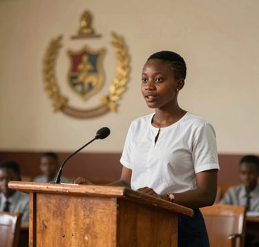 A candid shot of a confident West African / Nigerian student standing at a wooden podium in a structured school hall, speaking with poise. The composition is professional and inspiring, highlighting the school's focus on communication and leadership. Warm light highlights the muted gold school emblem in the background.